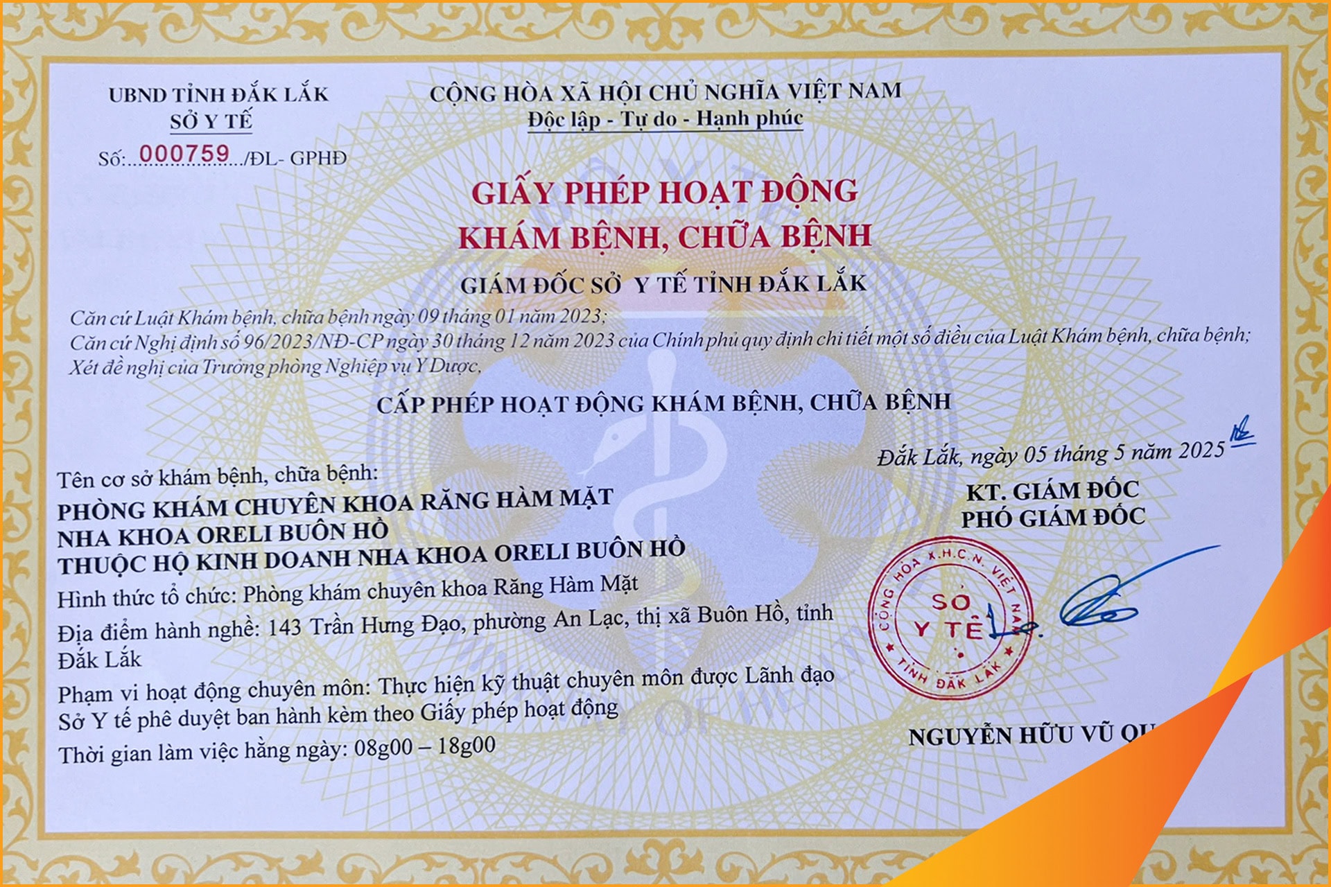 giay phep hoat dong nha khoa oreli buon ho