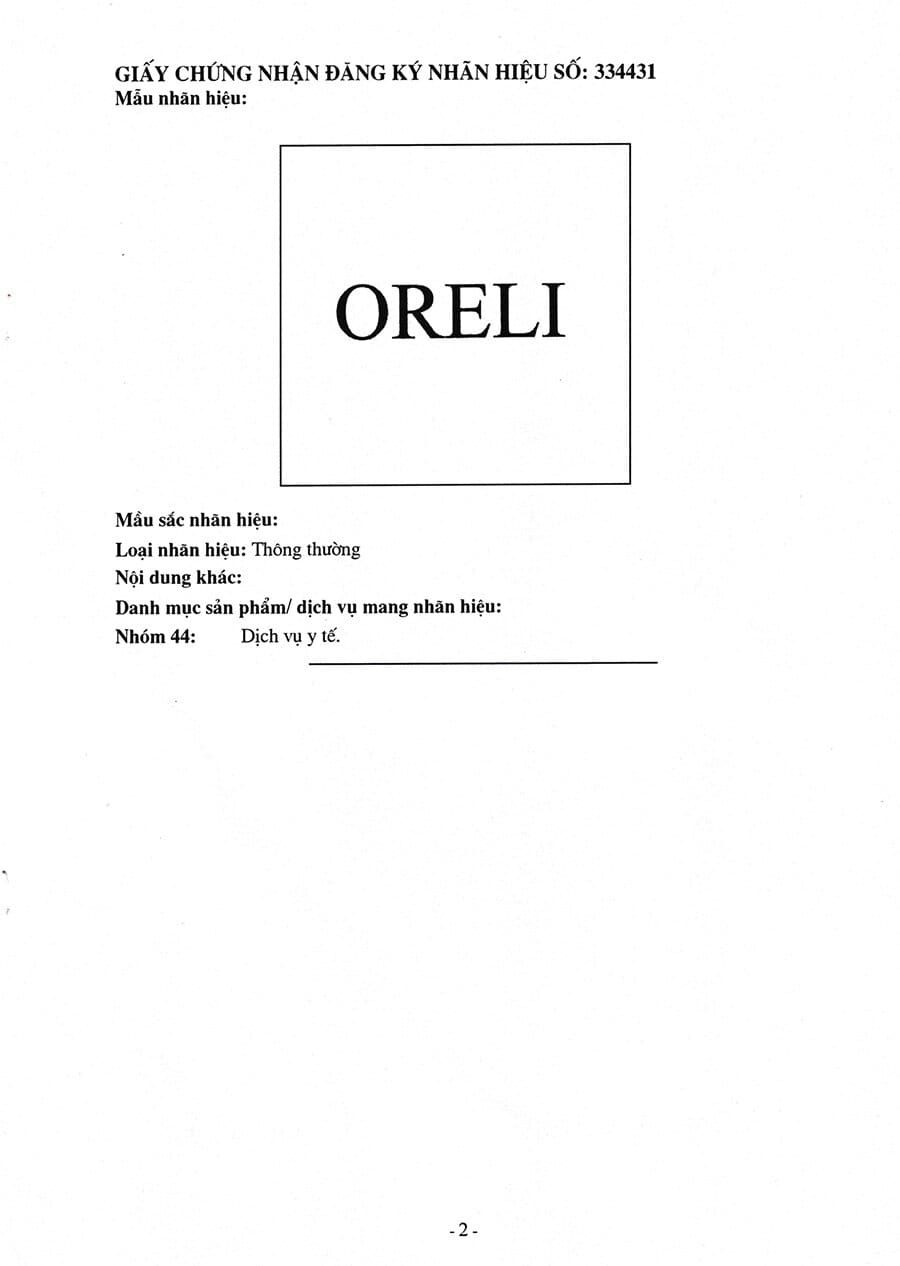 Giấy chứng nhận đăng ký nhãn hiệu độc quyền của Nha khoa Oreli