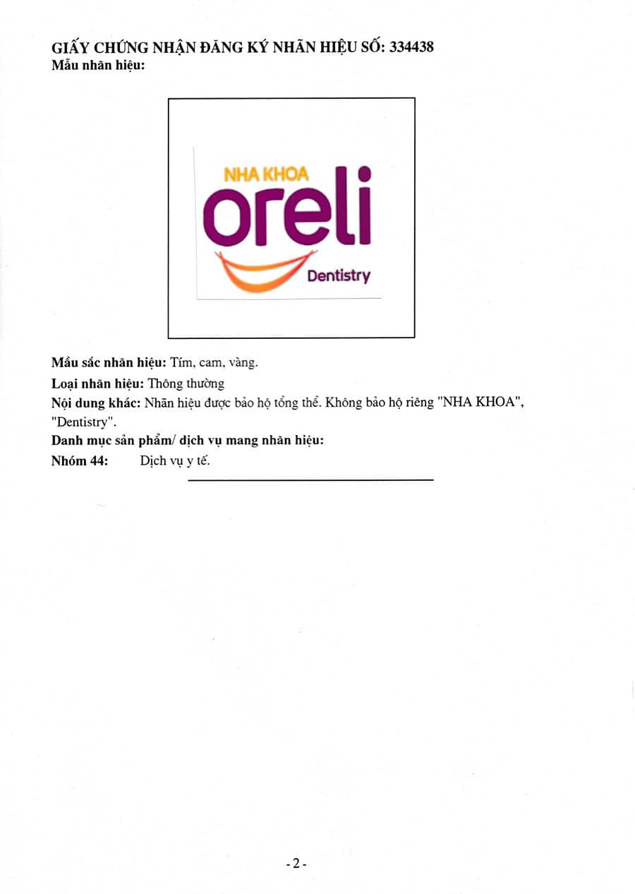 Giấy chứng nhận đăng ký nhãn hiệu độc quyền của Nha khoa Oreli