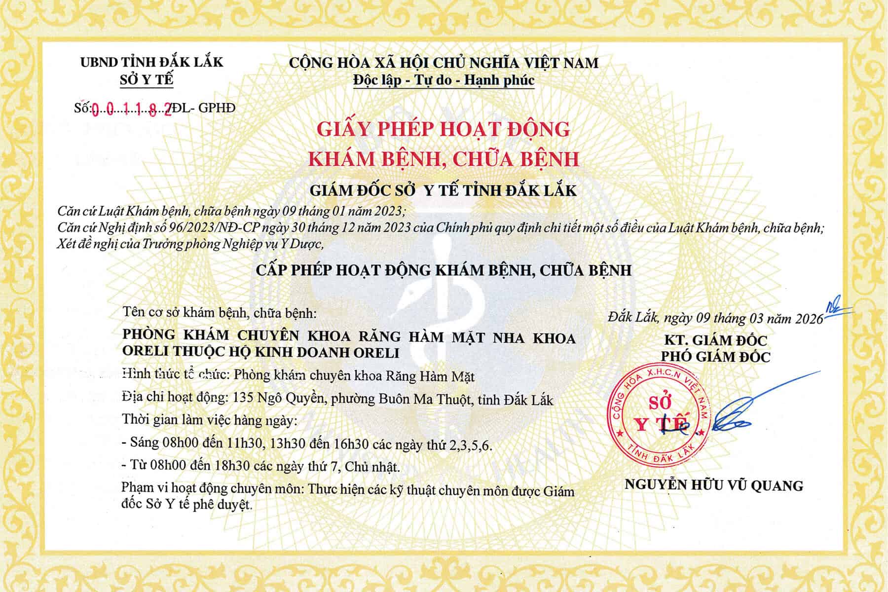 Giấy phép hoạt động nha khoa oreli buôn ma thuột